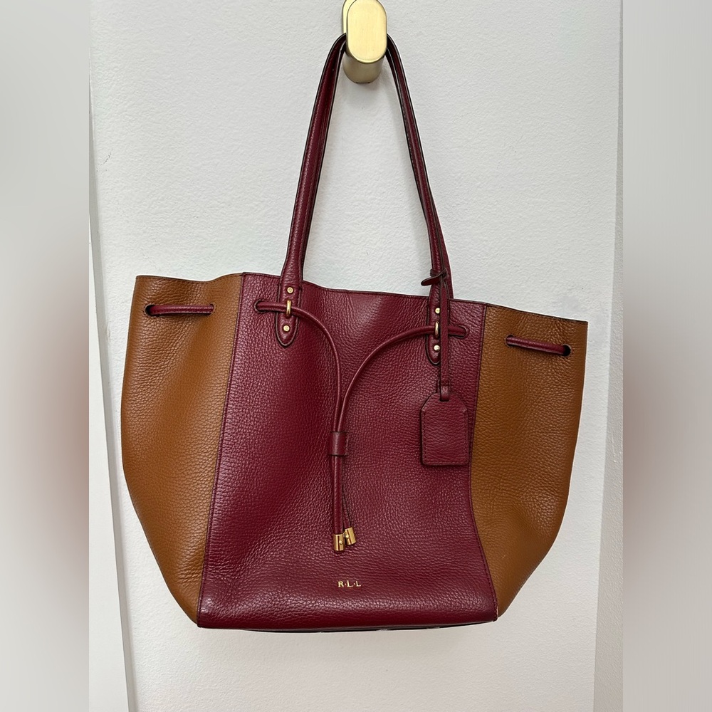 Ralph Lauren Oxford Colorblock Red & Tan Large Tote Shoulder Handbag